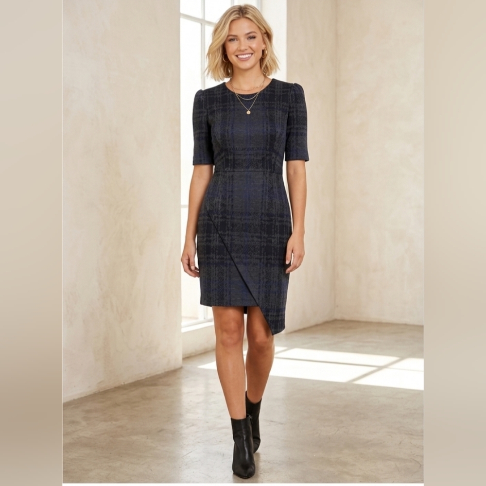 Betsey Johnson Navy Plaid Midi Sheath Dress